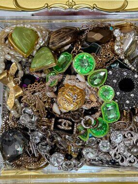 Large Mixed Costume Jewelry Lot Rhinestones Shells Green Statement Pieces